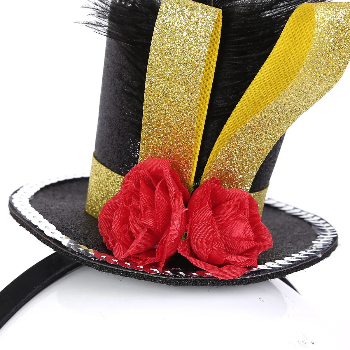 Kid Girls Circus Ringmaster Feather Hat Headwear Halloween Steampunk Mini Top Hat Fascinator Headband with Feather Rose Top Hat