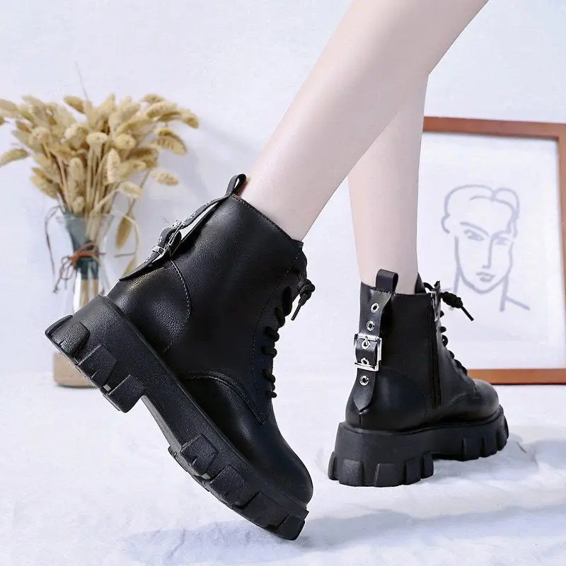 Okrągłe Toe Med Heel Boots Women Shoes Autumn Boots-Women Booties Ladies Lace Up Luxury Designer Lolita Black 2020 Rubber Flat