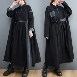 Women's Denim Stitching Dress Long Sleeve Robe Loose Contrast Color Oversized Korean Harajuku Spring Autumn Windbreaker M1659