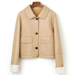 Chaqueta de cuero genuino para mujer, abrigo de piel de oveja de gran tamaño Real, abrigo corto Vintage para otoño e invierno, ropa informal para mujer