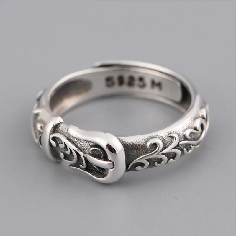 S925 silver vintage Thai silver ring men's and women's fashion silver ring belt buckle rattan pattern ring