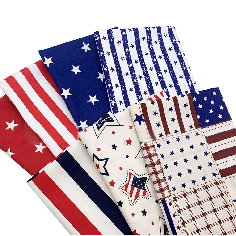 7Pcs/set Stars Stripe Printed American Flag Style 100% Cotton Twill Fabric Square Patchwork Home Textile Cloth Group Diy Sewing