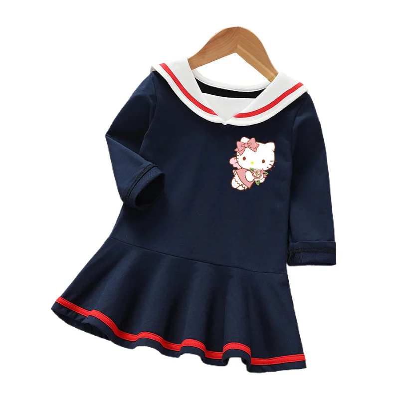 Hello Kitty New Children\'s Clothing Spring and Autumn Girl Cotton Long-sleeved Ruffle dress baby cute College Style girls skirt