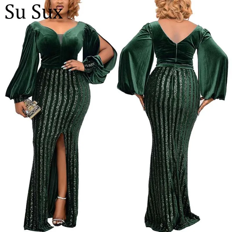 Sequins Party Dress African Clothes For Women Velvet Sexy Split Gown African Dresses Abaya Boubou Robe Outfits Prom Plus Size