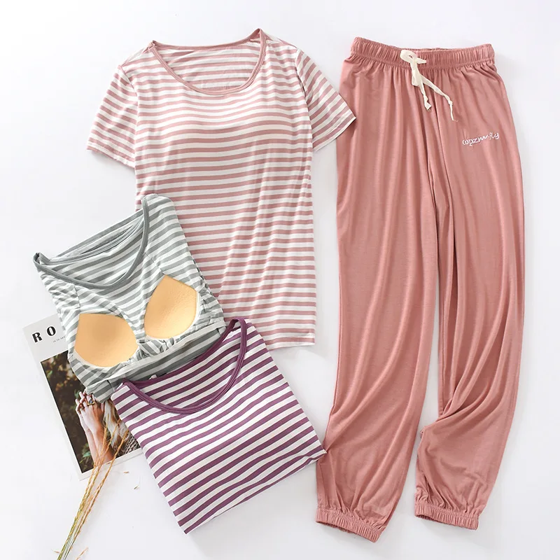 

Striped Modal Pajamas Suit Nightgown 2PCS Top&Pants Women Sleep Set Sleepwear Nightwear Homewear Loose Intimate Lingerie Pyjamas