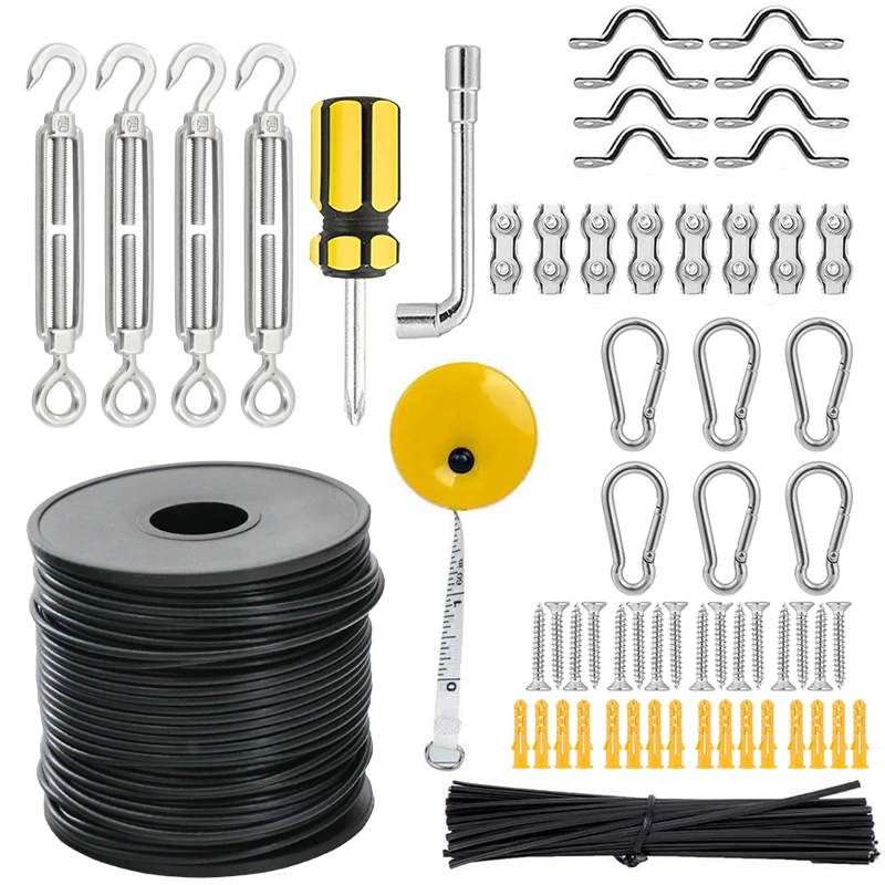 Kit Suspensi Tali Kawat Panduan Cahaya Luar Ruangan Kabel Baja Tahan Karat Berlapis Pvc Hitam Panjang 50Meter Gesper Putar dan Kait