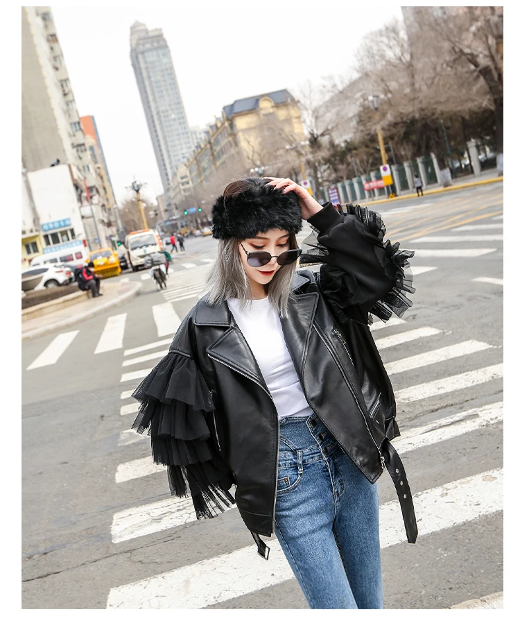 Lautaro Autumn Short Black Oversized Lace Patchwork Leather Biker Jacket Long Sleeve Loose Womans Clothing Fashionable Outerwear