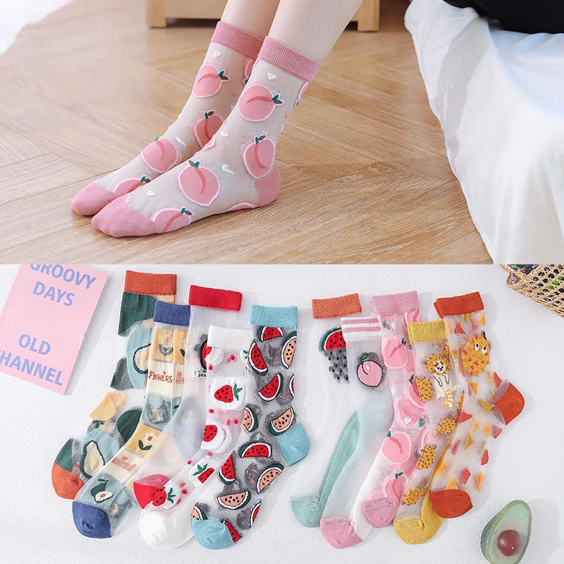 Summer Korean fashion Harajuku woman socks watermelon strawberry peach avocado socks breathable crystal silk woman socks
