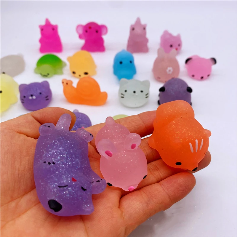 10Pcs New Design Glitter Squishy Animal TPR Soft Mochi Anima for Kid Mini Stress Relief Toy Favor Birthday Gift Bling Prize