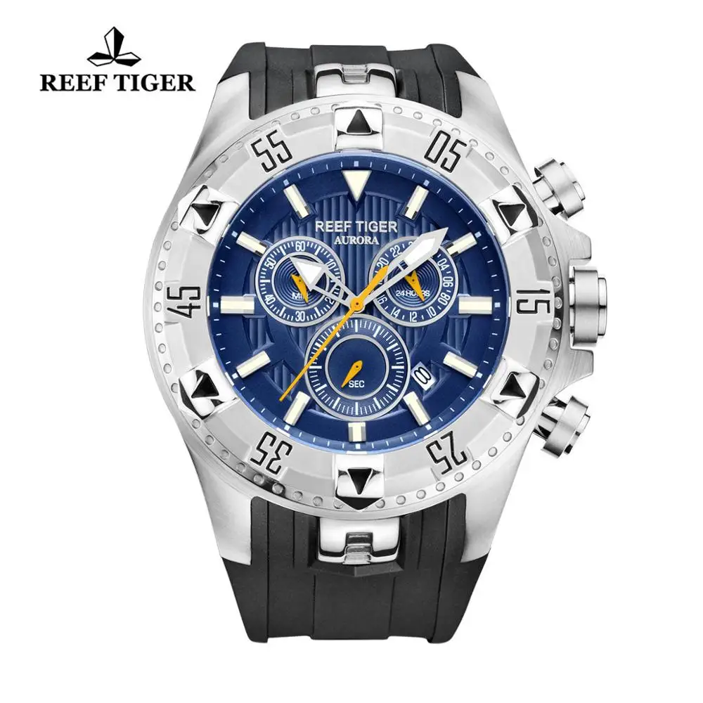 Reef Tiger/RT Sport Mens Watch with Chronograph Date Yellow Gold Rubber Strap Quartz Watches reloj hombre masculino RGA303