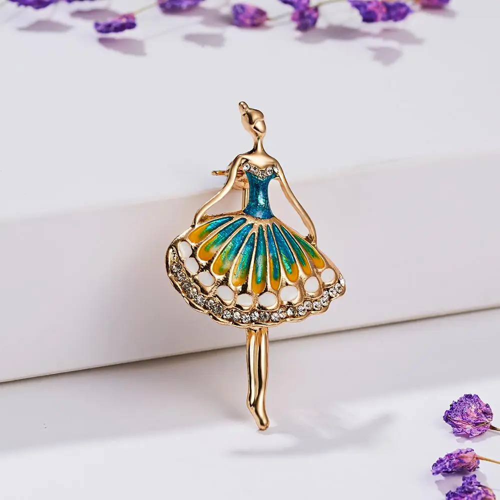 Rinhoo New Fashion Temperament Dance Girl Ballet Girls Cartoon Shining Crystal Brooches Women Collar Pins Bride Wedding Jewelry