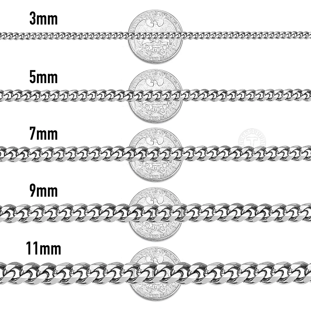 Davieslee Polished Chain Necklace for Men Curb Cuban Link Gold Silver Color Stainless Steel Mens Necklace 3 5 7 9 11mm LKNM154