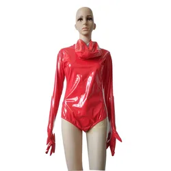 Brand Adult Sexy red Shiny PVC Faux Leather Zentai half bodysuit Leotard Costume long Sleeve Fancy Dress Party Costume