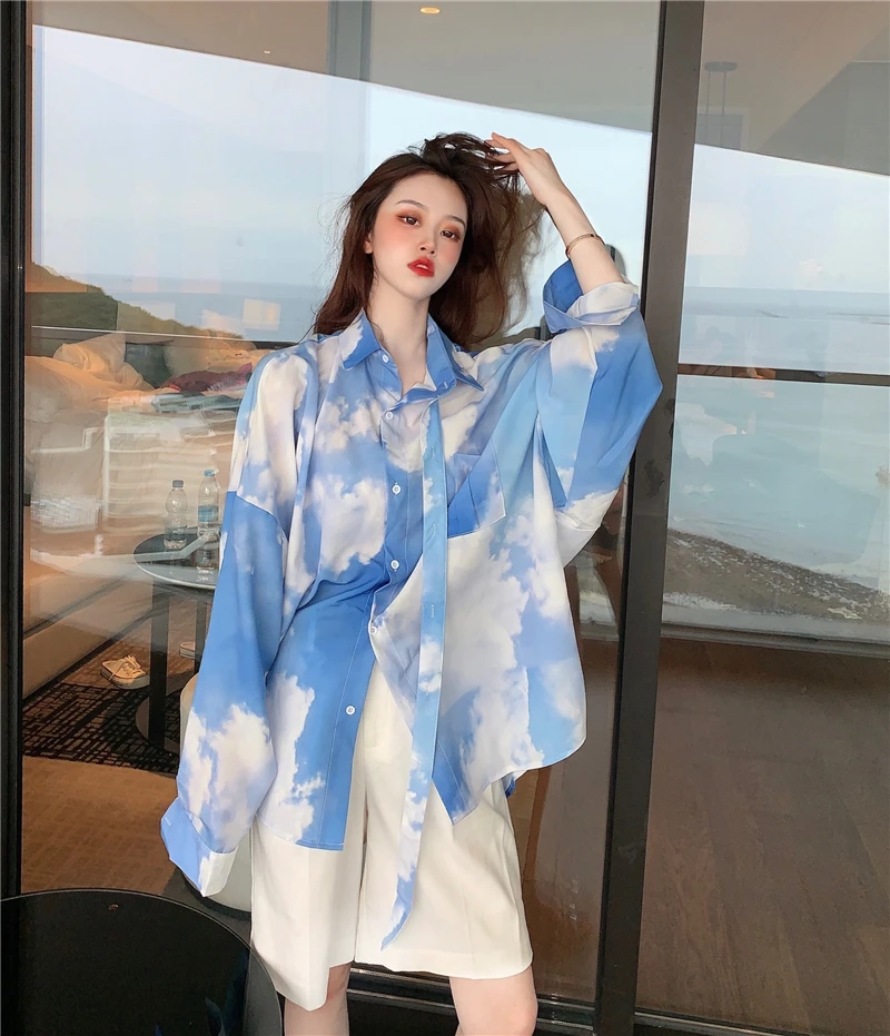 Korean Summer Harajuku Vintage Tie-dye Blouses Shirt Sky Clouds Printing Full Sleeve Streetwear Casual Loose Blouses Shirt