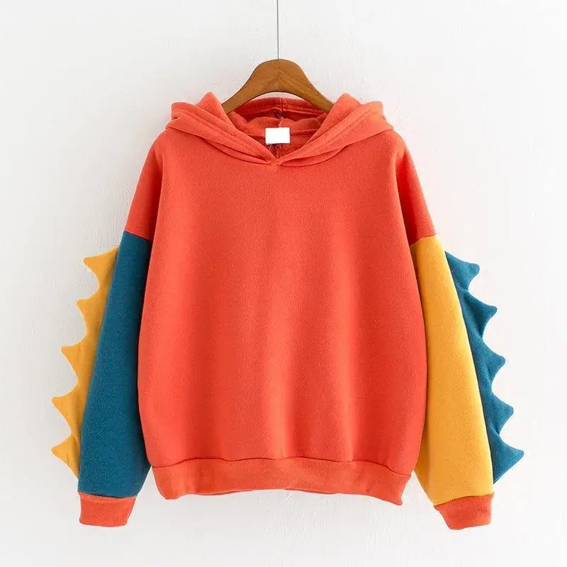 Women Hoodies New Cute Cartoon Patchwork Harajuku Sweatshirt Female Hooded Pullover Dinosaur Outerwear Yellow Green Orange Blue