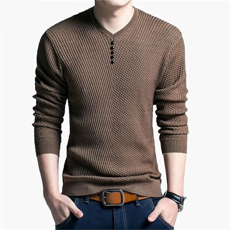 Suéteres de punto para hombre, Jersey informal de manga larga con cuello en V, ajustado, primavera y otoño