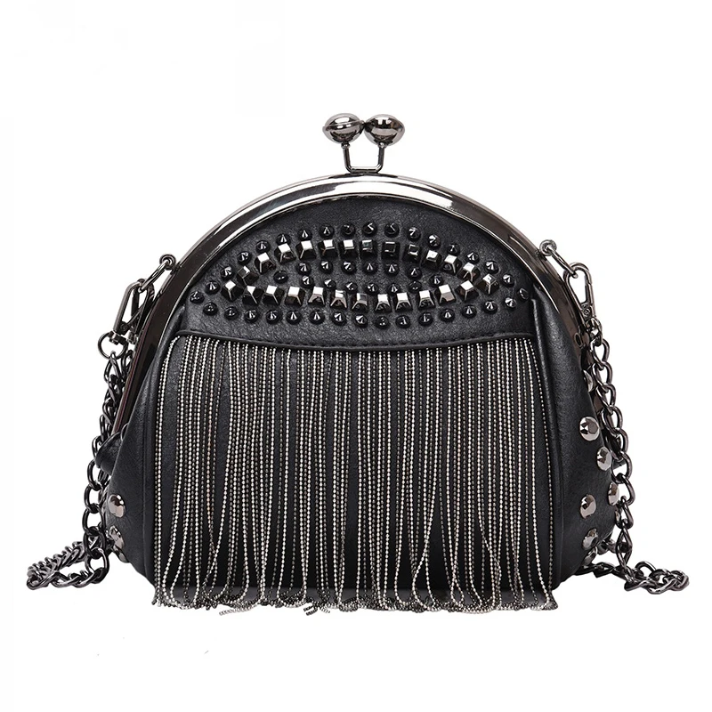 Annmouler Design Women Shoulder Bag Chain Pendant Crossbody Bag Punk Style Black Handbag Purse Small Tote Bag with Tassel