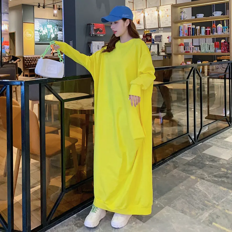 2020 Autumn Maxi Dress Women Big Size Irregular Batwing Long Sleeve Loose Casual Dresses Orange Yellow Wrinkle Design Koreant