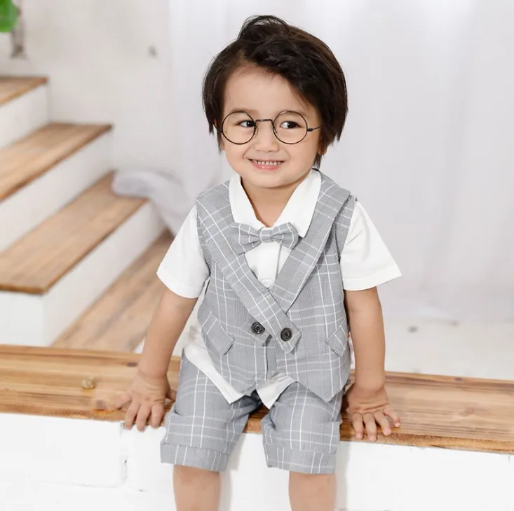 2021 New Summer Arrival Plaid Bowtie Decorated Boys 3-piece vest Suit Set /Flower Boy Clothes/Children's Birthday Party Wear3252