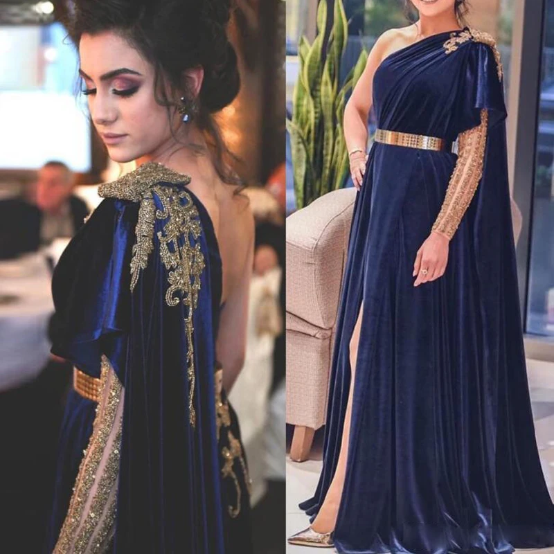 

Navy Blue Dubai Prom Evening Dresses Long A-Line Velvet Formal Gold Belt Sexy One Shoulder Split Party Gowns robe soirée femme