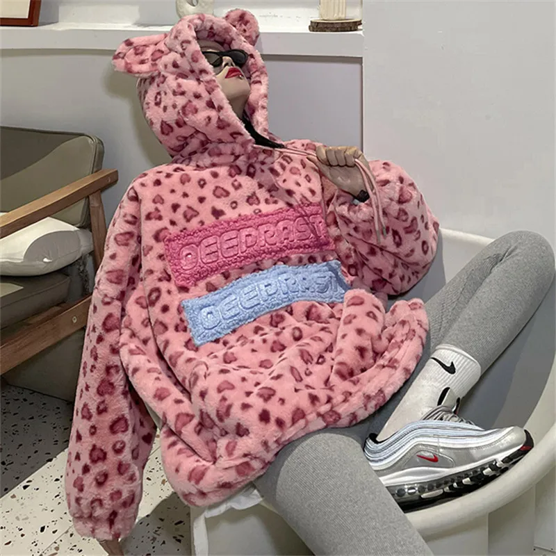 Leopard Print Hoodies Women Plush Coat Winter Warm Lambswool Sweatshirt Loose Fashion Pullover Female Pink Hooded Sweatshirts