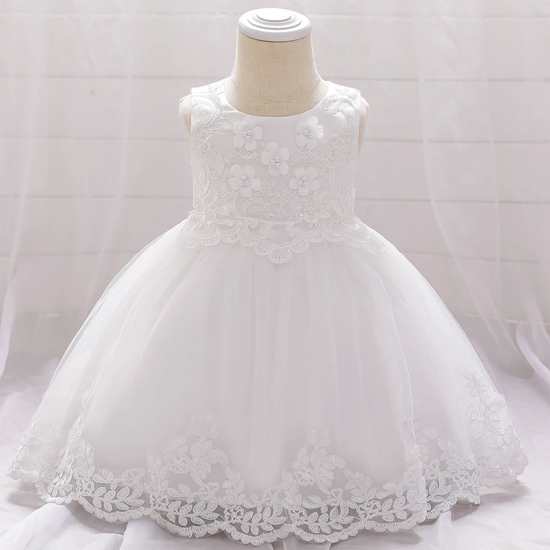 Infant Flower Baptism Party Dress for Baby Girl White Lace 1st Birthday Princess Dress Prom Pageant Wedding Evening Gown Vestido