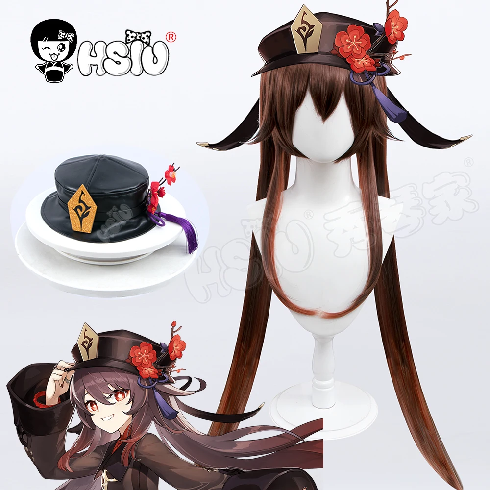 Hu Tao cosplay wig Genshin Impact cosplay 「HSIU 」double ponytail long wig Fiber synthetic wig  Imitation leather hat