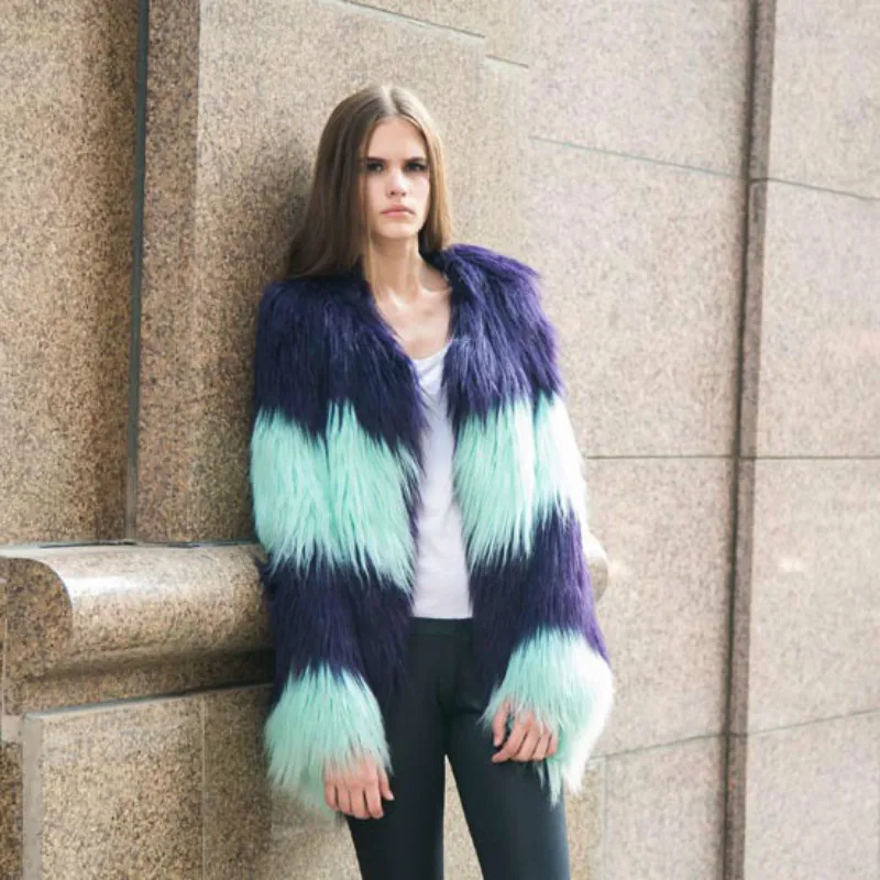 Faux Fox Fur Long Coat Parka Stitching Hit Color Striped Imitation Mink Fur Long-haired Jacket Covered Button Faux Fur Cardigan