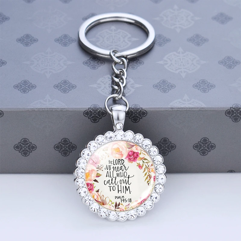 Bible Verse Keychain Walk In Love Glass Cabochon Rhinestone Pendant Scripture Religious Jewelry Jesus God Keyring