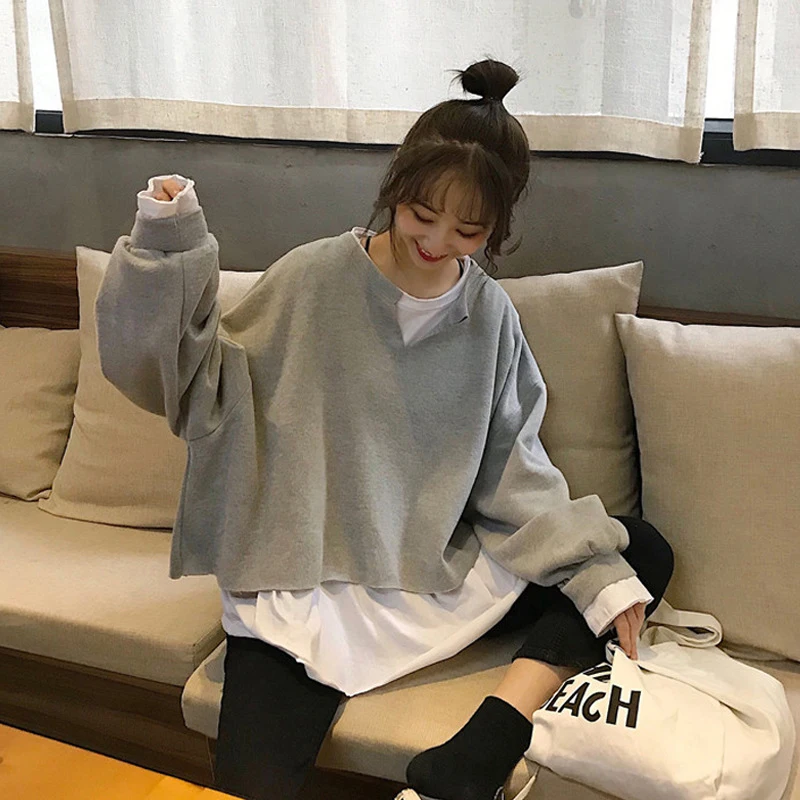 

Fake Two Long Sleeve Women T Shirts Fall Korean Fashion Loose All-match High Street Harajuku Teenagers Oversized Tops Gray Brown