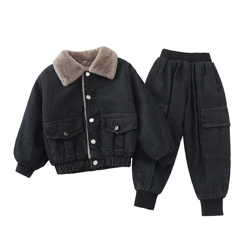 Boys Winter Clothes Set Fleece Thicken Warm Black Denim Jacket Sets Turn Down Collar Coat Pants 2PCS Suits Children Clothing