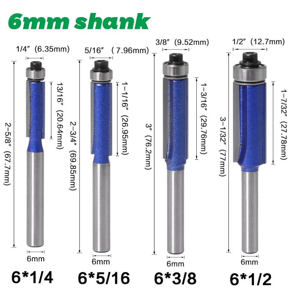 1pc 1/4 Shank 6mm shank Trim Router Bit with Bearing for Wood Template Pattern Bit Tungsten Carbide Milling Cutter for Wood