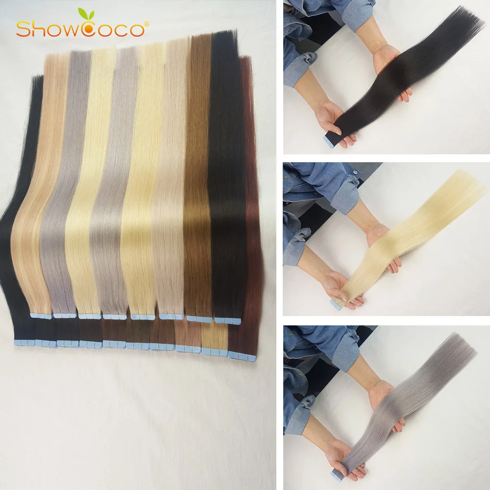 Showcoco-fita para aplique de cabelo, ondulada, luxuosa, cabelo humano, invisível, remy