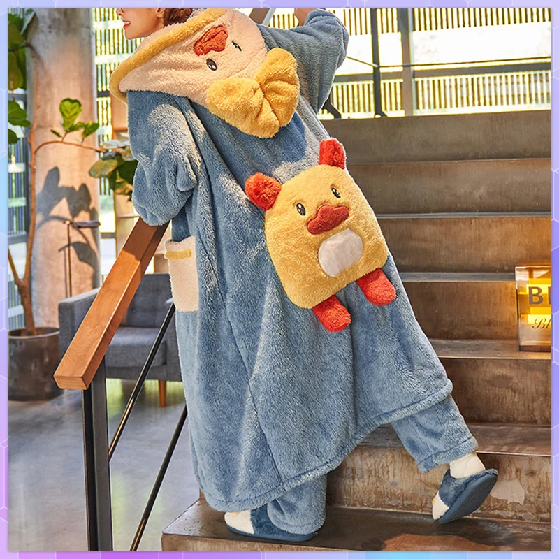 Dinosaur Robes Women's Dressing Gown Winter Thick Warm Bathrobe Female Coral Fleece Kimono Nightwear Sleepwear Large Coats Pants