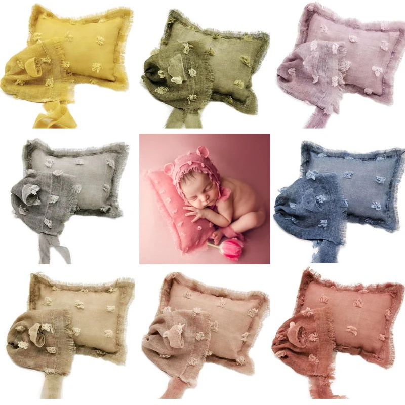 

2 Pcs/set Newborn Photography Props Baby Photo Shoot Accessories Tie-dyed Cotton Linen Hat Pillow Set Infants Tieback Headdress