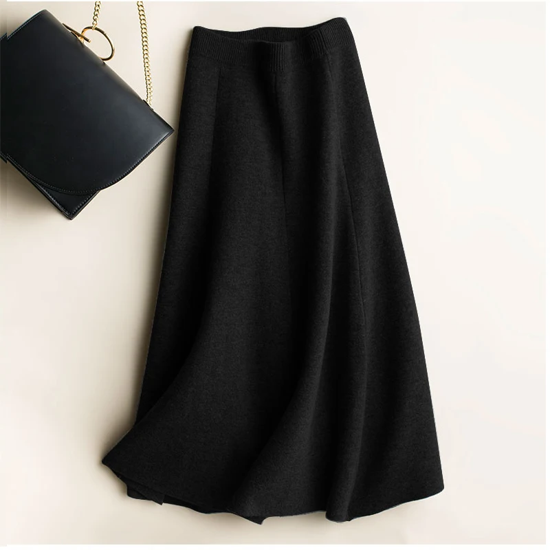 2024 New Soft Elasticity Long Skirt Polyester Knit A Word Skirt Female Section High Waist solid Color Loose Umbrella Skirt