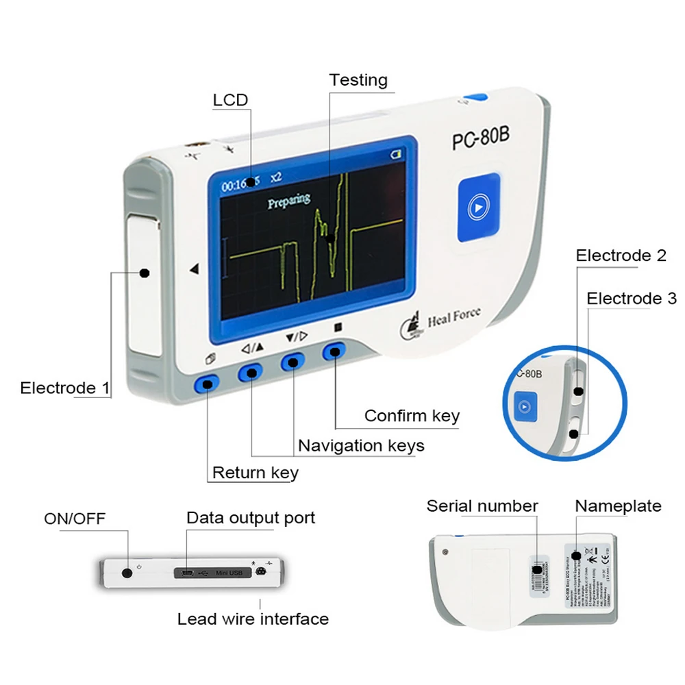 Heal Force PC-80B Household Heart Ecg Monitor Continuous Measuring With Cable & Pads Color Screen