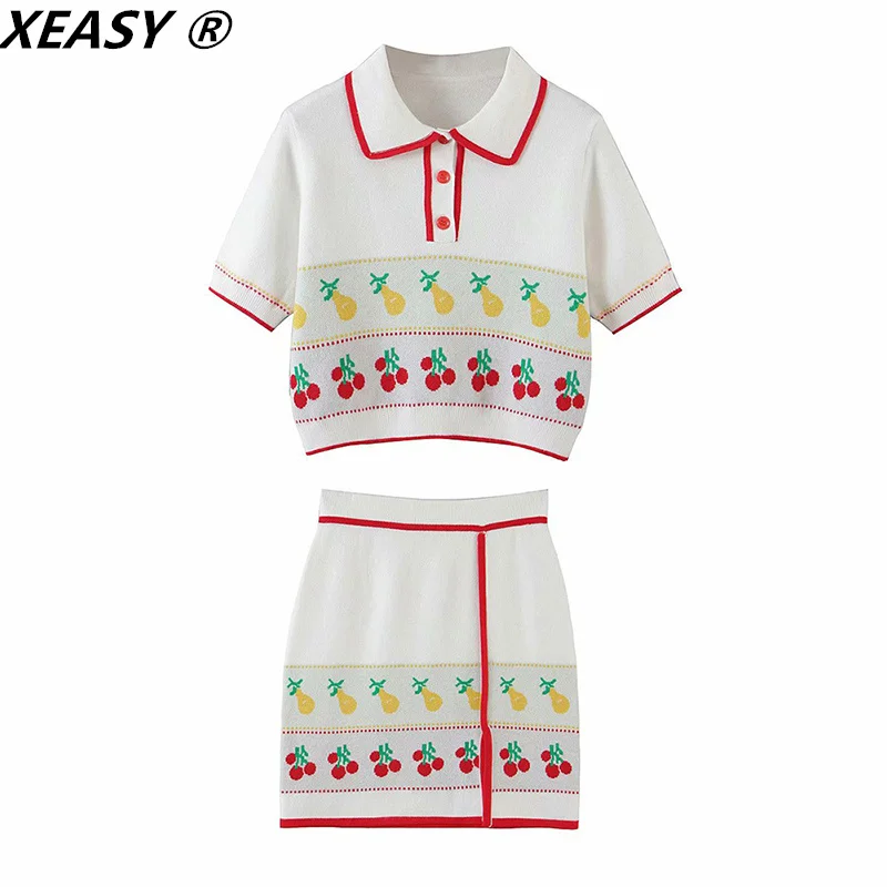 XEASY Women 2021 Suit Summer Fashion Knitting Cherry Short Sleeve Top + Vintage Female High Waist Split Fork Skirt 2-Piece Set