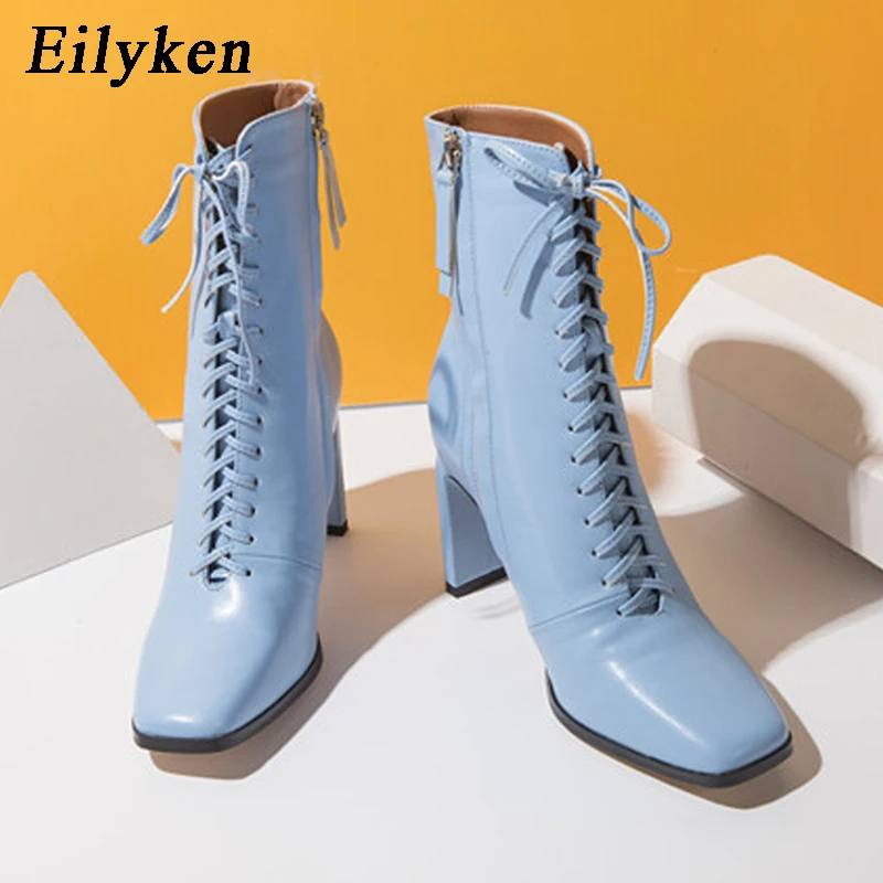 Eilyken Neue Frauen Stiefeletten Design Weiche Leder Kreuz-gebunden Hohe Ferse Fashion Square Toe Damen Schuhe Zipper Chelsea booties