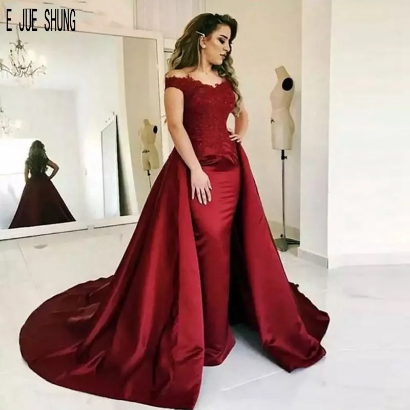 

E JUE SHUNG Burgundy Simple Mermaid Wedding Dresses Off the Shoulder Appliques Bridal Gowns robe de mariee Detachable Train