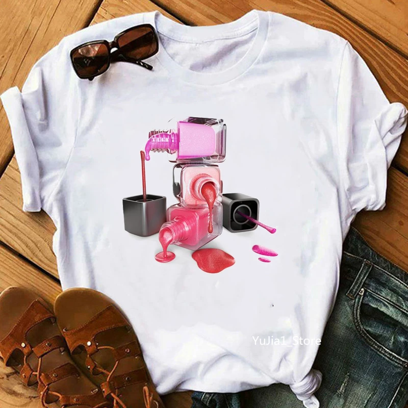 Newest Summer 2024 Watercolor Nail Polish Print Funny T Shirts Women White T Shirt Novelty Tee Drop Shipping Wholesale