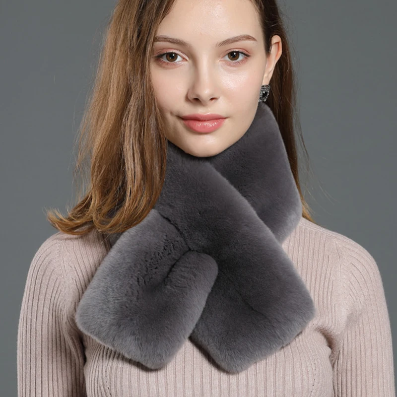 Écharpe coréenne en fausse fourrure de lapin, écharpe en peluche croisée, épaisse Double face pour protection du cou, chaude pour femme, hiver, T27