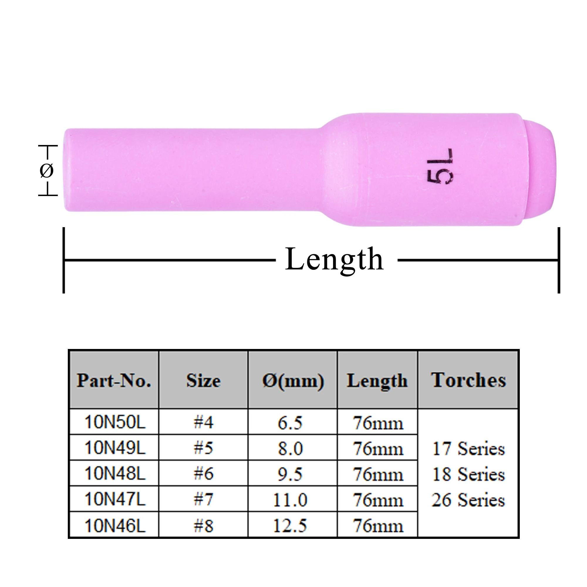 10 peças por caixa 76mm 10n46l 10n47l 10n48l 10n49l 10n50l bicos de alumina para tig wp17 18 26 acessórios de tocha de soldagem