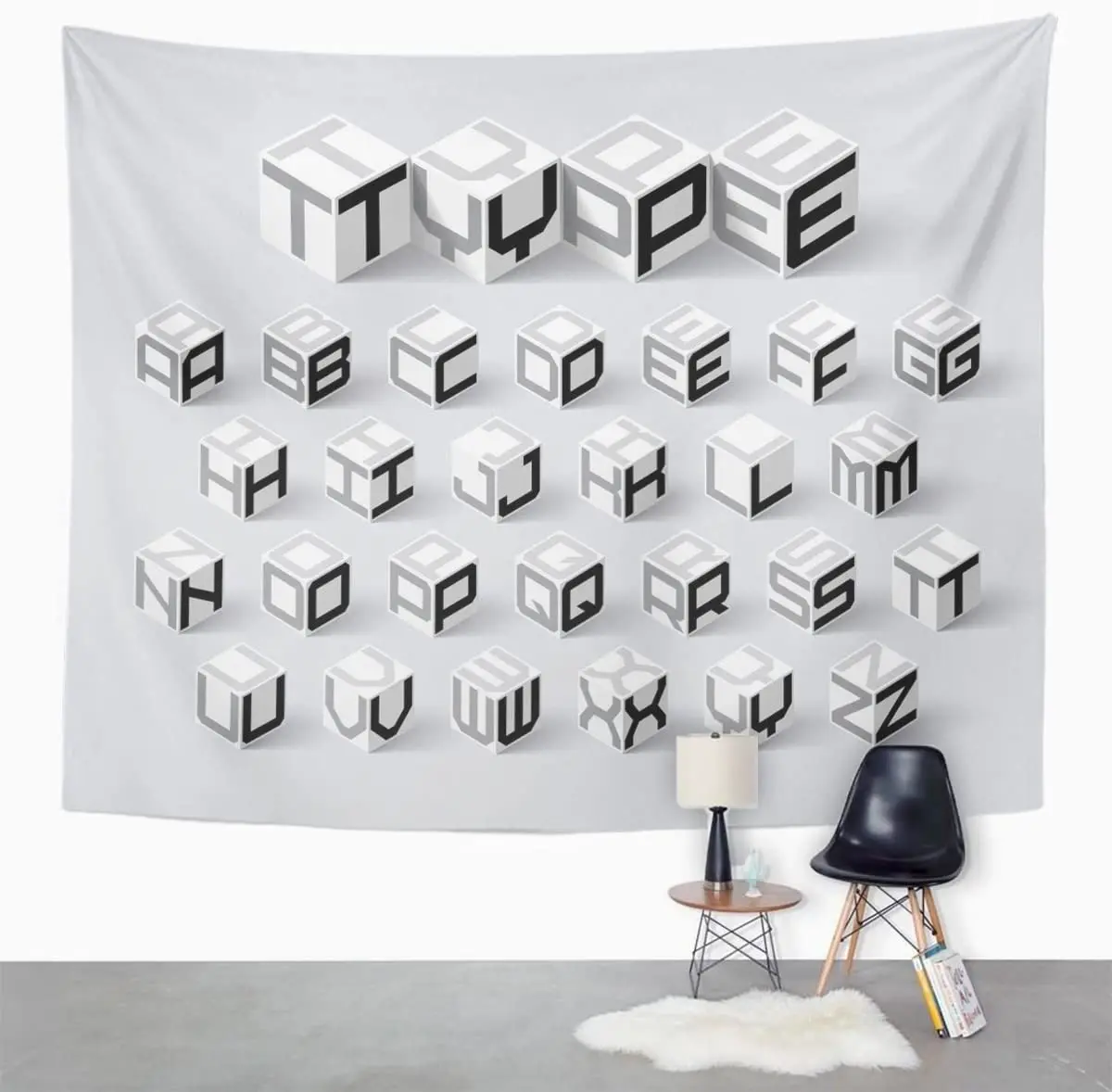 Tapestry Cubic Cube Shape 3D Isometric Three Dimentional Alphabet Letters Box Tapestries Wall Hanging for Living Room Bedroom