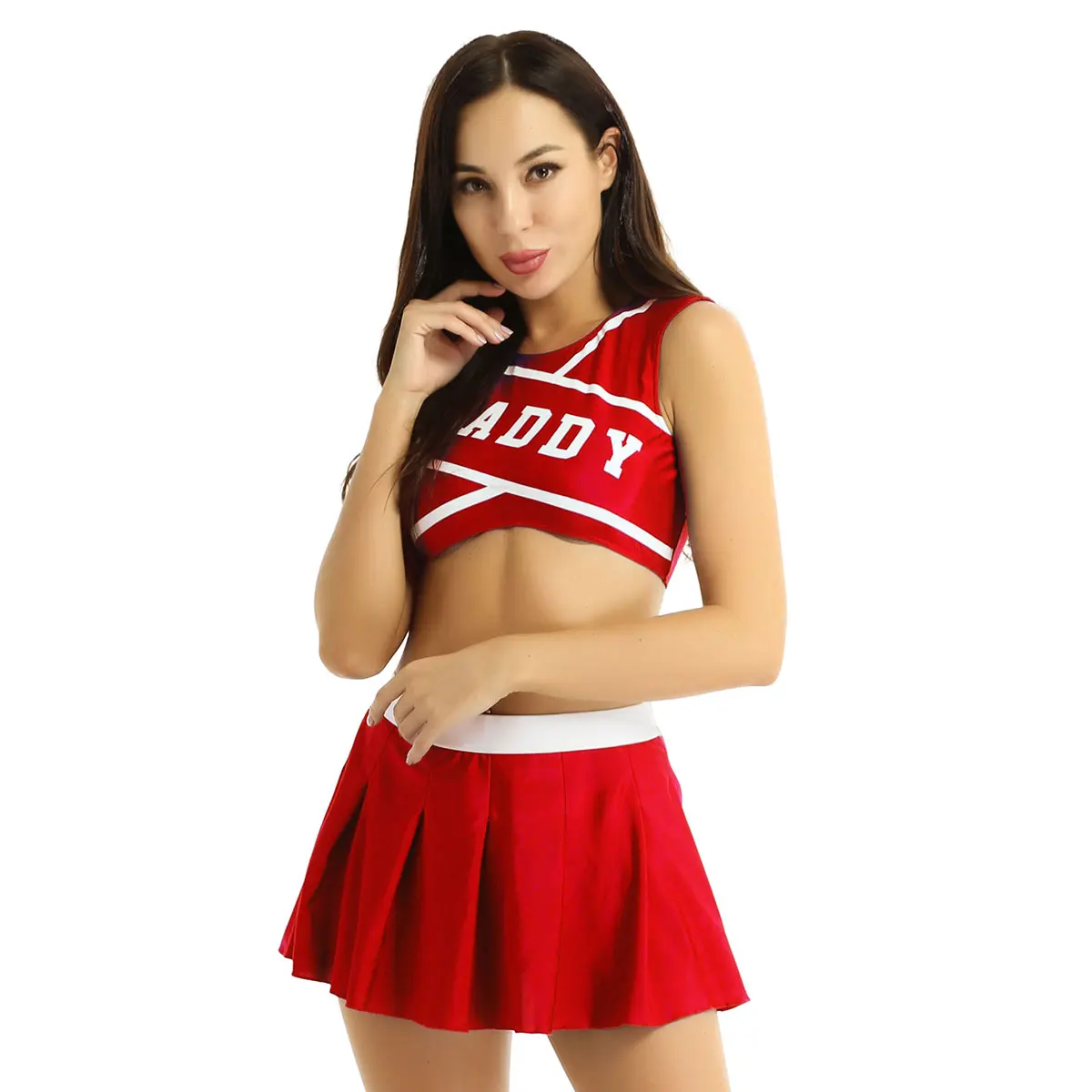 Abito uniforme da cheerleader per adulti da donna, costume da ballo cosplay per ragazze della scuola sexy, top corto con mini gonna a pieghe