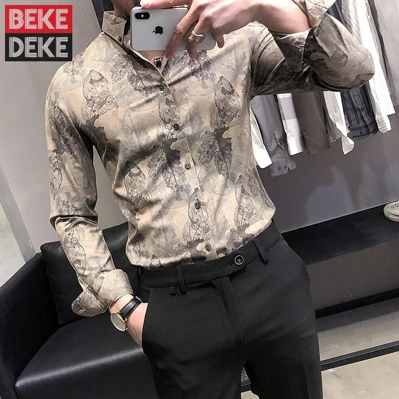 Mens Fashion Spring Summer Floral Printed Casual Shirts Business Man Office Work Long Sleeve Tops Party Slim Fit Shirts M-4XL