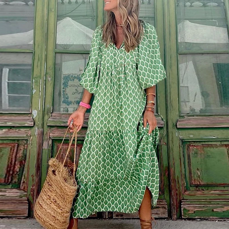 Autumn Fashion Half Sleeve Women Loose Dress Casual Printed Vintage Long Dresses Elegant V Neck Drawstring Party Dress Vestidos