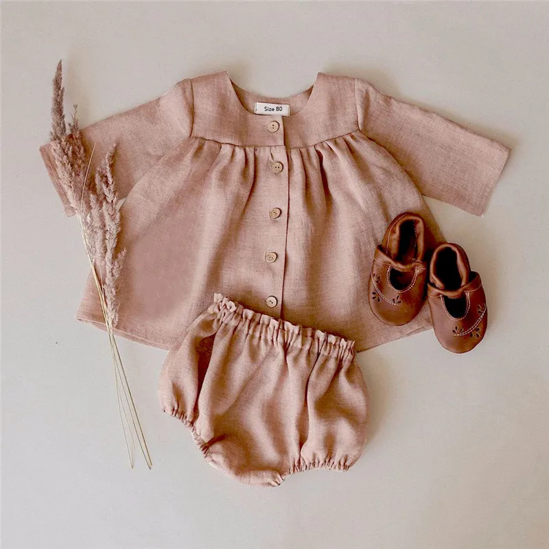 Nowborn Baby Clothes Sets Spring Baby Girl Blouse + Shorts Linen Cotton Girls Clothing Long Sleeve Tops 2pcs Toddler Girls Suit