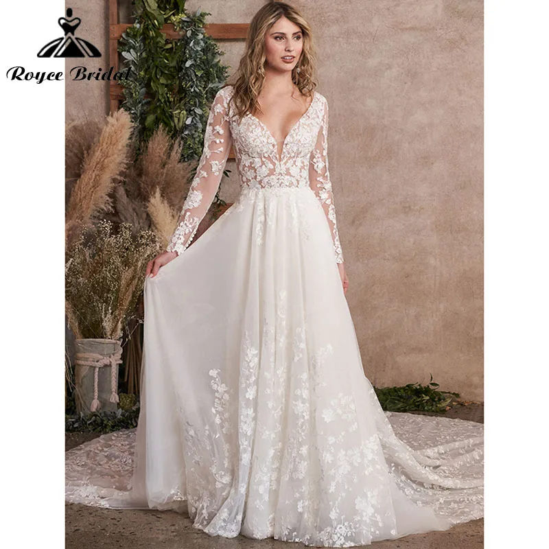 Elegante uma linha vestido de casamento com botões de volta manga longa v pescoço rendas apliques tribunal trem vestido de noiva simples roycebridal