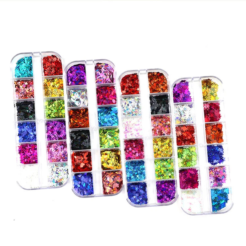 Wholesale 10sets 12 Grids Sweet Love Heart Nail Glitter Sequins Rose Gold Silver Shining Laser Nail Art Decorations